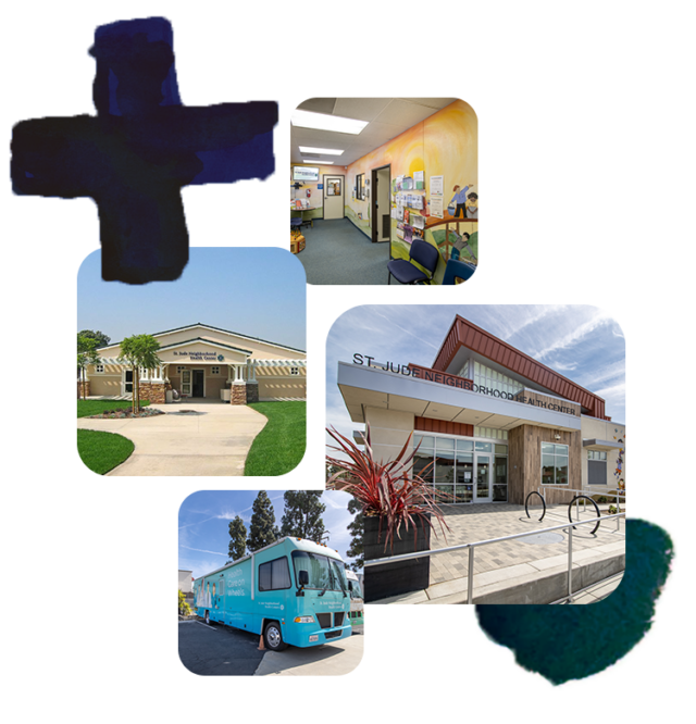 Collage featuring St. Jude Neighborhood Health Centers, a bus, and buildings.